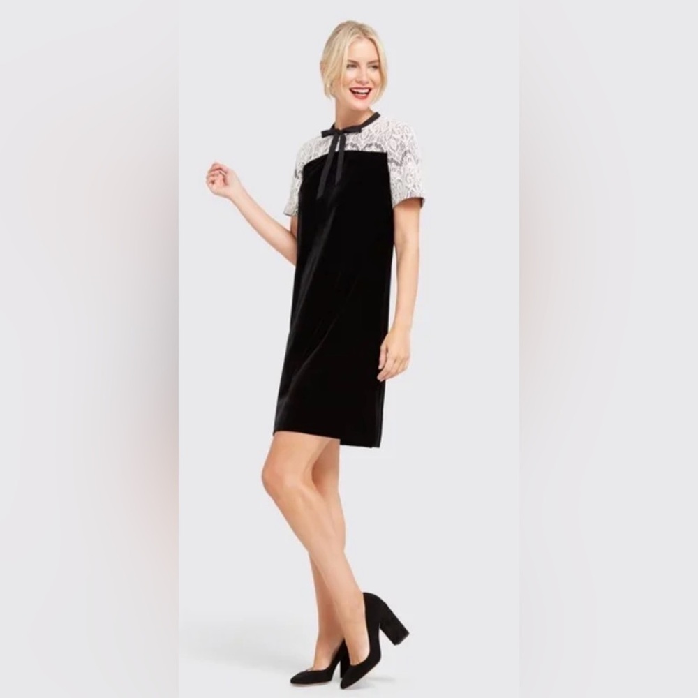 Draper James Black Dress with White Lace Yoke and Neck Bow - Picture 2 of 9